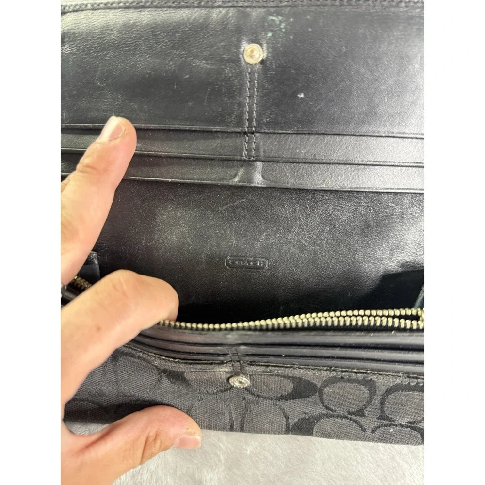 Coach Black Signature Jacquard Fabric & Leather Trim Checkbook Trifold Wallet